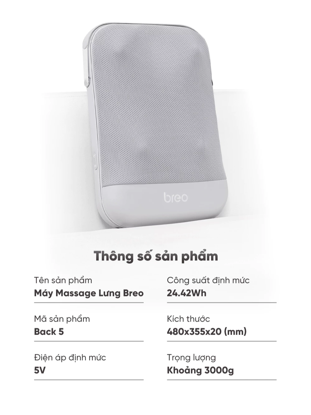 Máy massage lưng Breo Back 5 thông số kỹ thuật